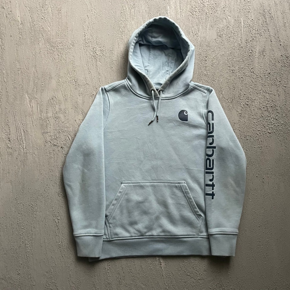 Carhartt Hoodie Boys Large Blue Sleeve Logo Relaxed Fit Pullover Sweatshirt
